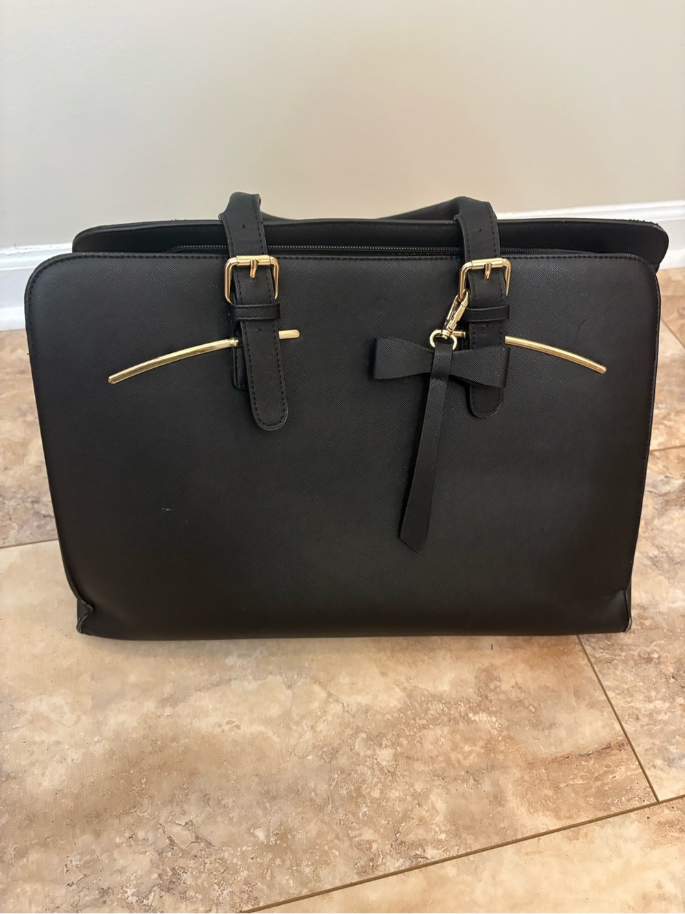 Black Structured Tote Bag with Gold Accents